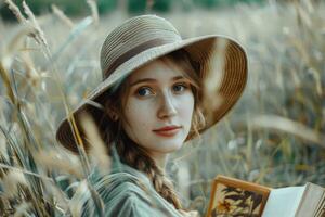 AI generated Portrait of a woman with a hat reading a book in a tranquil summer field photo