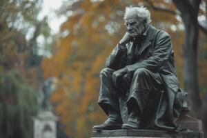 AI generated Contemplative bronze philosopher statue amidst autumn foliage in a serene park setting photo