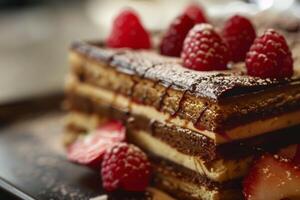 AI generated Opera cake with chocolate ganache and raspberries offers a delicious gourmet dessert experience photo