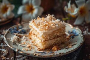 AI generated Delicious coconut cake with sweet frosting and toasted flakes on an elegant plate photo