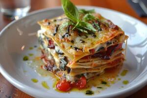 ai generado italiano lasaña con queso, tomate, albahaca y pasta capas servido en un restaurante foto