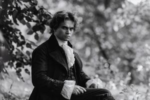 AI generated Portrait of a pensive composer in vintage historical male attire with wig outdoors photo