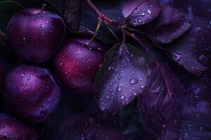 ai generado de cerca de Fresco ciruelas con gotas de agua en hojas en un púrpura y orgánico ajuste foto