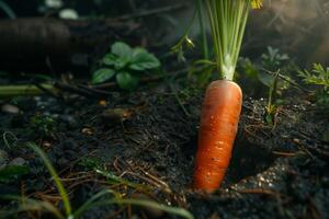 AI generated Carrot in soil showcases organic farming and healthy garden vegetable nourishment photo