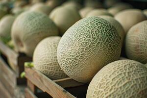 AI generated Cantaloupe melons at a market featuring fresh produce and agricultural food with a healthy natural appeal photo