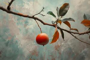 AI generated Persimmon fruit hanging from a branch with orange leaves in nature during autumn photo