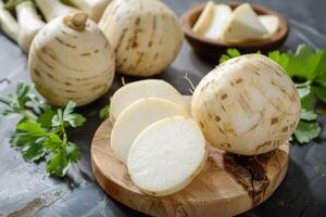 ai generado jicama vegetal rebanado en un de madera tablero con Fresco perejil y todo jícamas en el antecedentes foto