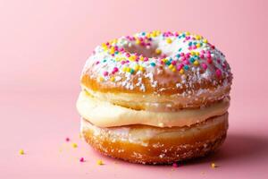 AI generated Custard filled donut with sprinkles on a pink background represents a delicious sweet dessert treat photo