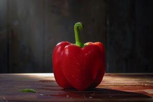 AI generated Red bell pepper with fresh water drops on a rustic wooden table illustrates healthy organic food and nutrition photo