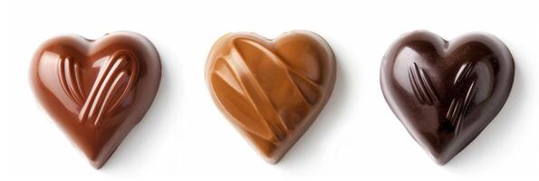 AI generated Heart-shaped chocolates display love and sweetness in milk dark and white varieties photo