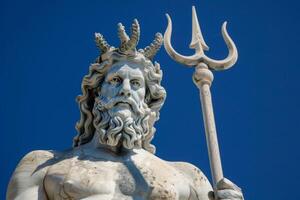 AI generated Neptune sculpture with trident portrays mythology, sea, god, Roman history and art against a blue sky photo