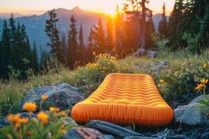 AI generated Camping with an ultralight sleeping pad in outdoor adventure during sunrise in the mountains photo