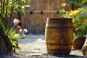 AI generated Bamboo garden pathway showcases sunlight on a rustic barrel with stones and flora photo