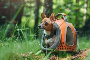 ai generado chihuahua en un respirable portador mochila para mascota viaje y al aire libre aventuras en naturaleza foto