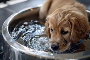 AI generated Puppy drinking water from an automated fountain indoors photo
