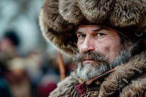 ai generado cosaco hombre en tradicional ucranio ruso disfraz con piel sombrero durante un histórico recreación evento foto