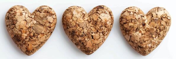 AI generated Three Cork Hearts Showcase Love Romance Eco-friendly Texture in a Decorative Valentine Display photo