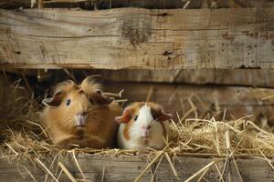 ai generado dos linda Guinea cerdos acurrucarse en Paja en un granja granero ajuste foto