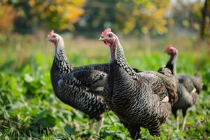 AI generated Guinea fowl gather in lush greenery displaying their patterned feathers and poultry charm photo