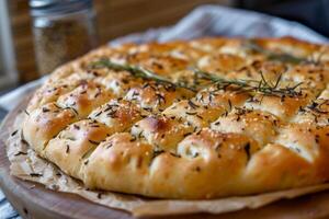 ai generado focaccia un pan coronado con Romero, ajo, y horneado a perfección en italiano cocina foto