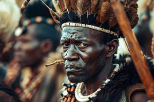 ai generado zulú guerrero en tradicional tocado con plumas y trabajo de perlas retrata africano cultura foto