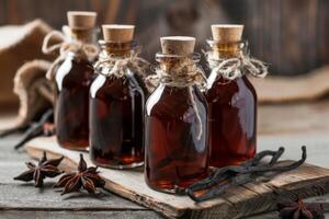 AI generated Vanilla extract in glass bottles with spices, anise, and pods on a rustic wood table photo