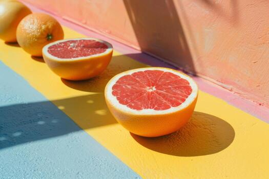 AI generated Grapefruit citrus halves on a colorful vibrant background with shadows photo