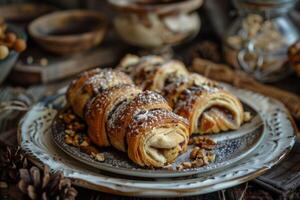 AI generated Delicious chocolate and nuts filled Rugelach pastry on an elegant plate photo