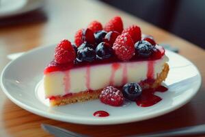 AI generated Cheesecake topped with raspberries and blueberries on a sweet dessert plate photo