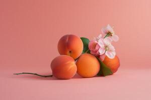 ai generado albaricoques y florecer en rosado antecedentes con fresco, floral, todavía vida arreglo foto