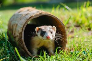 AI generated Curious ferret peeks out of tunnel amidst grass, showcasing a cute and playful mammal outdoors photo