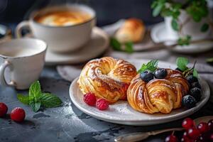 AI generated Danish pastries served on a plate with breakfast coffee and berries garnished with mint and powdered sugar photo