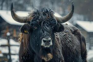 AI generated Yak in snowy farm environment with robust horns and thick fur photo