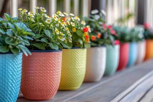AI generated Colorful pots with blooming plants enhancing outdoor terrace decor photo