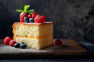 AI generated Sponge cake with berries and cream is a sweet dessert delicately garnished with mint photo