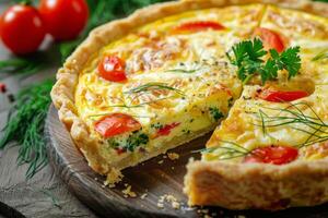 AI generated Delicious quiche with tomato, parsley, and dill on golden crust ready for gourmet cuisine photo