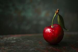 AI generated Close-up of a vibrant red cherry with fresh dew and leaf on a dark moody background photo