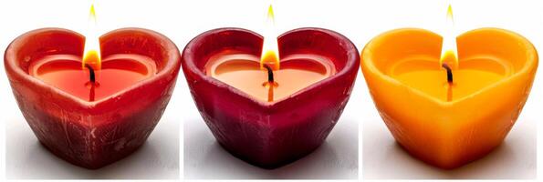 AI generated Red and orange heart-shaped candles with flames symbolize love and romance photo