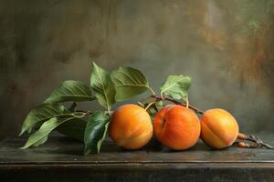 AI generated Still life of fresh ripe apricots with green leaves on a wooden table photo