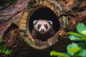 AI generated Curious ferret peeking out of a tree tunnel surrounded by green leaves in nature photo