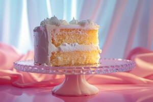 AI generated Chiffon cake with frosted cream in layered sweet dessert display on a pastel pink background photo