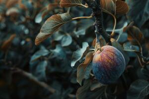 AI generated Ripe fig fruit on a tree with green leaf background in nature photo