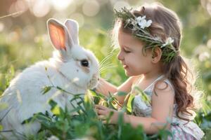 AI generated Child and rabbit share a moment of cute interaction in nature with a backdrop of sunlight and floral innocence photo