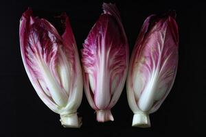 AI generated Fresh endive vegetable trio displaying purple white and green leaves in a healthy set-up photo