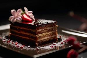 AI generated Opera cake is a luxurious dessert with chocolate layers and gourmet patisserie elements photo