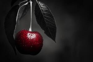 ai generado Cereza con hoja y gotas de agua en rojo en contra un blanco y negro contraste antecedentes foto