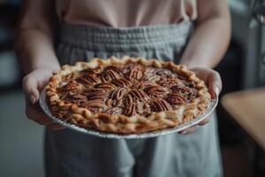 AI generated Pecan pie dessert with homemade pastry and sweet baked crust held in hands photo