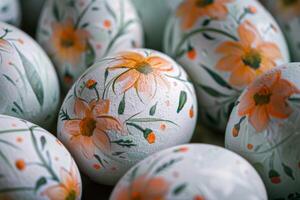 AI generated Easter eggs painted with flowers and decoration in a springtime craft display photo