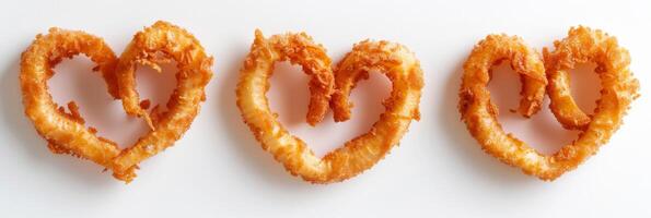 AI generated Heart-shaped onion rings arranged as food snacks displaying fried appetizer love concept photo