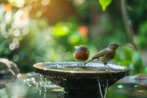 AI generated Bird bath in a garden features a fountain and wildlife with nature as the tranquil backdrop photo